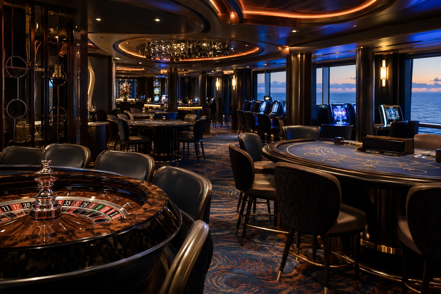 Dark kelp-toned onboard casino with roulette, card tables and discreet electronic terminals