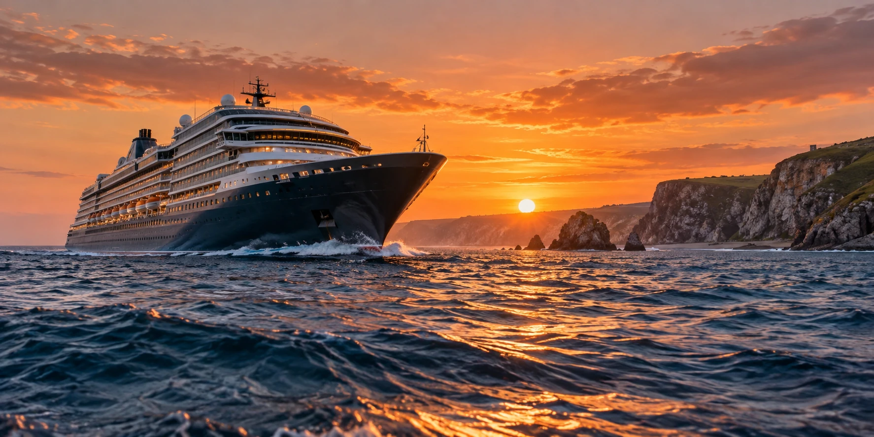 A modern cruise ship passing a dramatic British coastline beneath a tangerine sunset