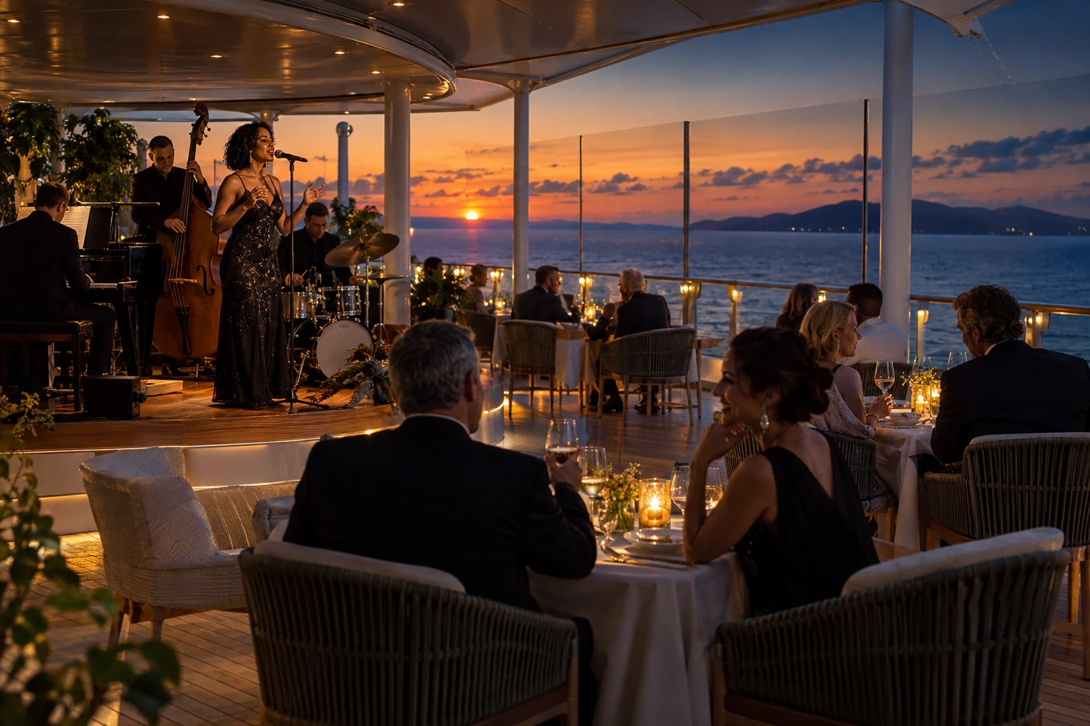 Guests dining beside a live band on a protected open deck after sunset