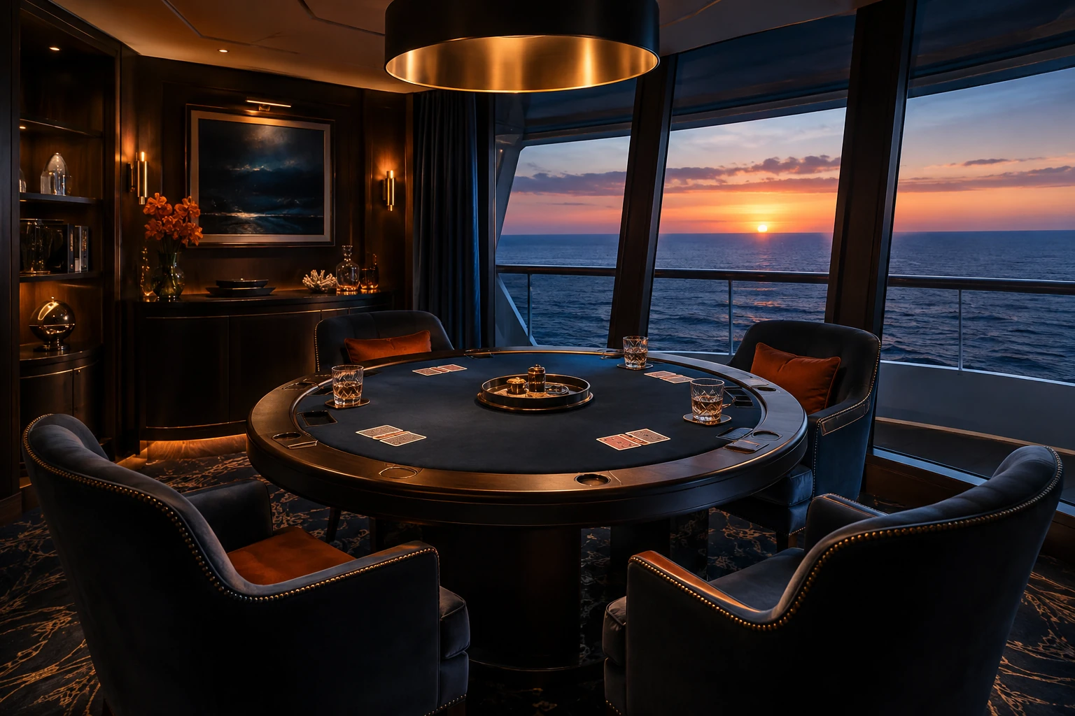 Private onboard gaming room with a round table and a dramatic view over the sea
